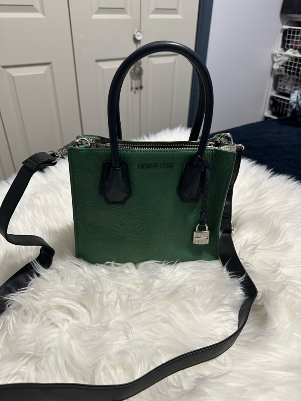 Michael Kors Green Leather Mini Crossbody Satchel with Black Trim